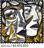 Graphic art in the style of risography or design with imitation of linocut. Abstract faces with intricate patterns on black background. Стоковое AI-изображение, AI-художник Александра Рублева / Фотобанк Лори