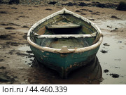 Weathered rowboat on shore at low tide. Стоковое AI-изображение, AI-художник Иван Рябоконь / Фотобанк Лори