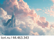 Serene church amidst dreamy cloudscape. Стоковое AI-изображение, AI-художник Иван Рябоконь / Фотобанк Лори