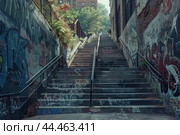 Urban staircase with graffiti in sunlight. Стоковое AI-изображение, AI-художник Иван Рябоконь / Фотобанк Лори