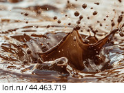Highspeed capture of a dynamic chocolate splash with droplets suspended in air. Стоковое AI-изображение, AI-художник Иван Рябоконь / Фотобанк Лори