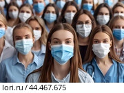 Толпа медицинских работников в масках. Стоковое AI-изображение, AI-художник Максим Коломыченко / Фотобанк Лори