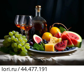 Antique wine bottle, silver cup and fruits. Still life. Стоковое AI-изображение, AI-художник Сергей Елизарьев / Фотобанк Лори