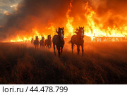 Лошади спасаются от огня. Стоковое AI-изображение, AI-художник Щеголева Ольга / Фотобанк Лори