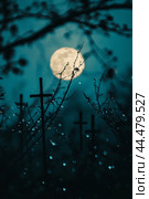 Graveyard cross under full moon with spider web and bokeh effect, background. Стоковое AI-изображение, AI-художник Анастасия Золотницкая / Фотобанк Лори