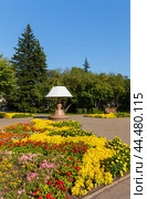 Irkutsk. Citizens like to walk in the city park of Y. Gagarin Boulevard on the Upper Embankment of the Angara River. View of flower beds and a decorative bench - a floor lamp. Beautiful summer city landscape. Стоковое фото, фотограф Виктория Катьянова / Фотобанк Лори