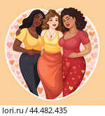 Sticker of a Body positive: beyond stereotypes, women who love themselves as they are. Стоковое AI-изображение, AI-художник Veniamin Kraskov / Фотобанк Лори
