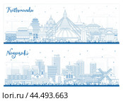Outline Nagasaki Japan and Kathmandu Nepal City Skyline set with Blue Buildings. Illustration. Kathmandu Cityscape with Landmarks. Business Travel and Tourism Concept with Historic Architecture. Стоковая иллюстрация, иллюстратор Игорь Сорокин / Фотобанк Лори