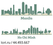 Abstract Ho Chi Minh Vietnam and Manila Philippines City Skyline set with Color Buildings. Illustration. Business Travel and Tourism Concept with Modern Architecture. Стоковая иллюстрация, иллюстратор Игорь Сорокин / Фотобанк Лори
