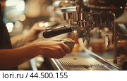 Barista brewing espresso in a busy café during late morning hours with shiny equipment and a warm atmosphere. Стоковое AI-изображение, AI-художник Сергей Толмачёв / Фотобанк Лори