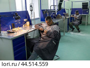 Резчик за работой. Музей в косторезной мастерской, поселок Уэллен, Чукотка. Стоковое фото, фотограф Николай Гернет / Фотобанк Лори