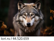 Gray wolf in the wild. Стоковое AI-изображение, AI-художник Veniamin Kraskov / Фотобанк Лори