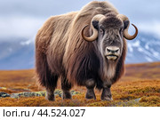Musk ox on a pasture in the wild. Стоковое AI-изображение, AI-художник Veniamin Kraskov / Фотобанк Лори