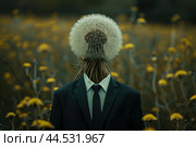 Surreal dandelion head man in flower field. Стоковое AI-изображение, AI-художник Иван Рябоконь / Фотобанк Лори