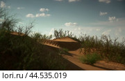 A view of the desert sand dunes with sparse vegetation gently swaying in the breeze. Ветер треплет редкую растительность среди песков пустыни. Редакционное видео, видеограф Валерий Тесаков / Фотобанк Лори
