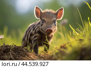 Wild striped boar piglet in the wild. Стоковое AI-изображение, AI-художник Veniamin Kraskov / Фотобанк Лори