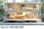 Modern glass house showing interior living spaces with minimalist design. Стоковое AI-изображение, AI-художник Юрий Поздников / Фотобанк Лори