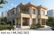 Beautiful neoclassical house with garden and columns surrounding modern city. Стоковое AI-изображение, AI-художник Юрий Поздников / Фотобанк Лори
