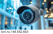 Modern security camera observing public space with blurred background. Стоковое AI-изображение, AI-художник Юрий Поздников / Фотобанк Лори