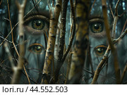 Mysterious eyes peering through forest. Стоковое AI-изображение, AI-художник Иван Рябоконь / Фотобанк Лори