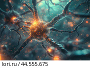 Digital illustration of an active neuron synapse with electrical impulses in the brain. Стоковое AI-изображение, AI-художник Иван Рябоконь / Фотобанк Лори