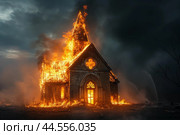 Church engulfed in flames at night. Стоковое AI-изображение, AI-художник Иван Рябоконь / Фотобанк Лори