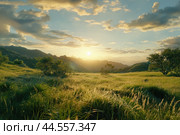 Serene sunrise in lush valley. Стоковое AI-изображение, AI-художник Иван Рябоконь / Фотобанк Лори