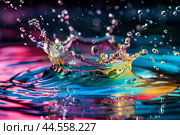Vibrant liquid splash resembling a crown, captured with highspeed photography. Стоковое AI-изображение, AI-художник Иван Рябоконь / Фотобанк Лори