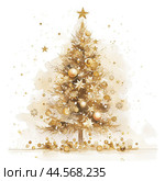A gold tree with a star on top, surrounded by a white background. The tree is decorated with lights, giving it a festive and joyful appearance. Стоковое AI-изображение, AI-художник Ekaterina Ismagilova / Фотобанк Лори