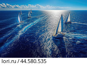 Luxury yachts sailing in a regatta on a clear day, showcasing elegance and competition. Стоковое AI-изображение, AI-художник Veniamin Kraskov / Фотобанк Лори