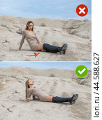 Collage two photos. Common mistakes in female posing and how to avoid them. Стоковое фото, фотограф Андрей Аркуша / Фотобанк Лори