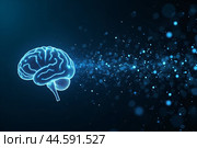 Artificial intelligence is presented as an abstract illustration of a model on a blue background symbolizing future technologies and transmitting data in the form of bytes and files. Стоковое AI-изображение, AI-художник Сергей Краснощеков / Фотобанк Лори