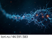 Artificial intelligence is presented as an abstract illustration of a model on a blue background symbolizing future technologies and transmitting data in the form of bytes and files. Стоковое AI-изображение, AI-художник Сергей Краснощеков / Фотобанк Лори