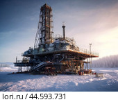 Oil and gas drilling platform on an early winter morning. Стоковое AI-изображение, AI-художник Сергей Елизарьев / Фотобанк Лори
