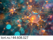 Digital illustration of a neuron's synapse with glowing connections in a neural network. Стоковое AI-изображение, AI-художник Иван Рябоконь / Фотобанк Лори