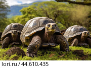 Group of Galapagos Giant Tortoises close up. Стоковое AI-изображение, AI-художник Veniamin Kraskov / Фотобанк Лори