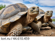 Group of Galapagos Giant Tortoises close up. Стоковое AI-изображение, AI-художник Veniamin Kraskov / Фотобанк Лори