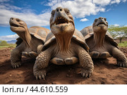 Group of Galapagos Giant Tortoises close up. Стоковое AI-изображение, AI-художник Veniamin Kraskov / Фотобанк Лори