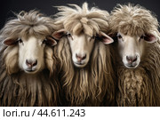 Group of long-haired sheeps close up. Стоковое AI-изображение, AI-художник Veniamin Kraskov / Фотобанк Лори