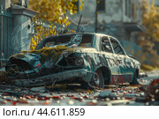 Abandoned car wreck in autumn setting. Стоковое AI-изображение, AI-художник Иван Рябоконь / Фотобанк Лори