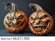 Spooky handpainted halloween pumpkins on black background. Стоковое AI-изображение, AI-художник Иван Рябоконь / Фотобанк Лори