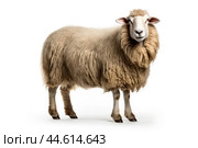 Long-haired sheep isolated on a white background. Стоковое AI-изображение, AI-художник Veniamin Kraskov / Фотобанк Лори