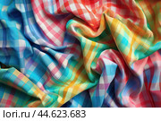 Highresolution image of a vibrant, multicolored plaid fabric with soft folds. Стоковое AI-изображение, AI-художник Иван Рябоконь / Фотобанк Лори