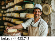 Artisan cheese maker proudly presenting his craft. Стоковое AI-изображение, AI-художник Иван Рябоконь / Фотобанк Лори