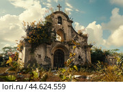 Abandoned church overgrown with vegetation. Стоковое AI-изображение, AI-художник Иван Рябоконь / Фотобанк Лори
