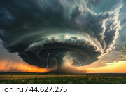 Majestic supercell storm with lightning over plains. Стоковое AI-изображение, AI-художник Иван Рябоконь / Фотобанк Лори