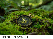 Vintage compass on a mossy forest floor. Стоковое AI-изображение, AI-художник Иван Рябоконь / Фотобанк Лори