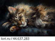 Peaceful sleeping cat in oil painting style. Стоковое AI-изображение, AI-художник Иван Рябоконь / Фотобанк Лори