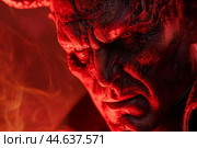 Fierce red demon with intense gaze in flames. Стоковое AI-изображение, AI-художник Иван Рябоконь / Фотобанк Лори