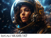 Intrepid female astronaut in space helmet. Стоковое AI-изображение, AI-художник Иван Рябоконь / Фотобанк Лори